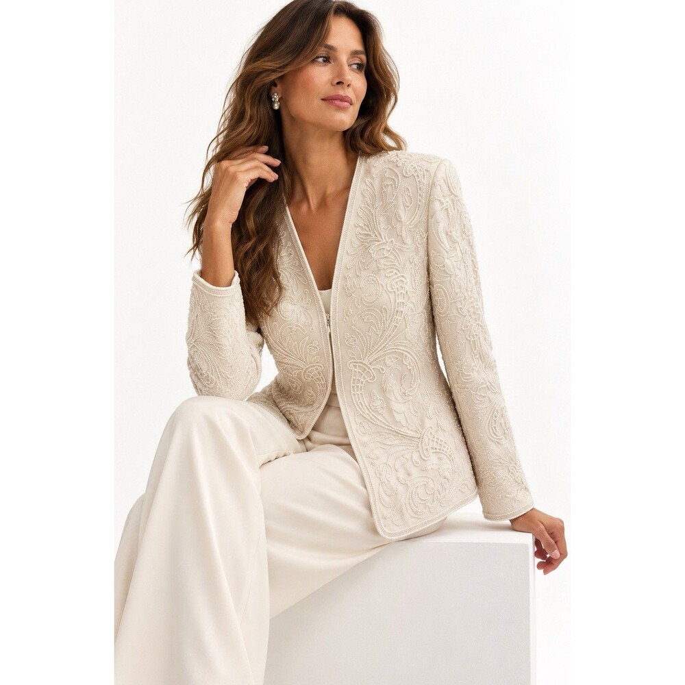 Vintage Albert Nipon Evening Ivory Beaded Floral Jacket Size 14 Formal Bridal